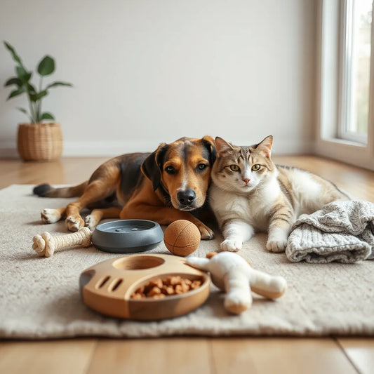 Dog and cat resting near soft chew and puzzle toys designed to help them relax