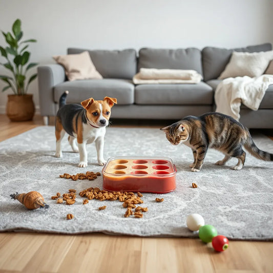 A dog and cat exploring enrichment toys and a treat puzzle in a cozy living room