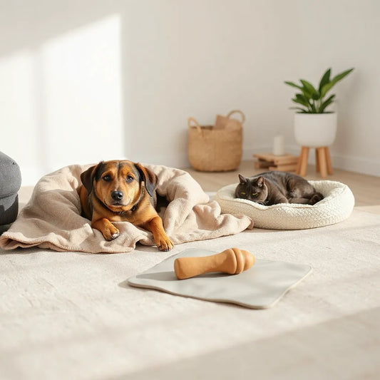 Dog and cat resting near calming pet bed and relaxation mat in a cozy living room