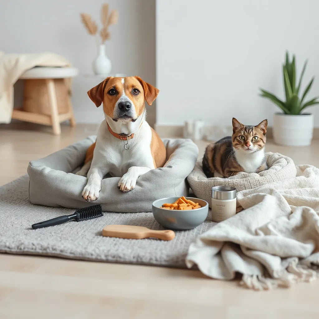 Dog and cat resting beside essential pet wellness items like bedding, brush, and hydration bowl
