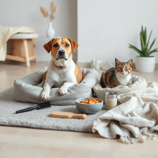 Dog and cat resting beside essential pet wellness items like bedding, brush, and hydration bowl