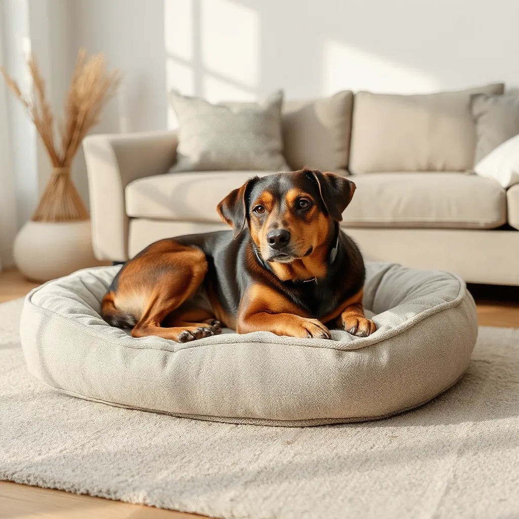 Calm medium dog resting on a soft orthopedic-style calming bed in a bright, tidy living room