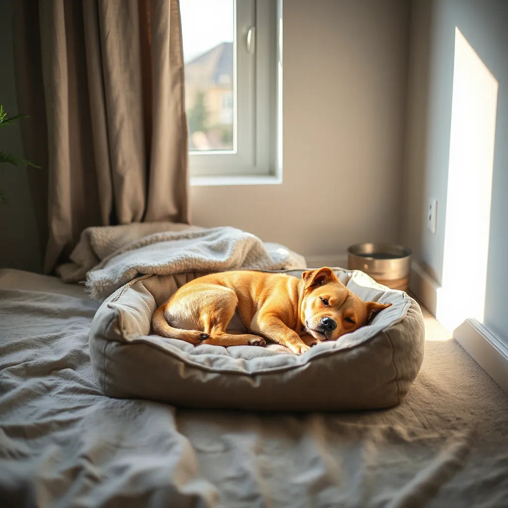 Pet resting peacefully on a soft orthopedic bed in a quiet, cozy indoor room