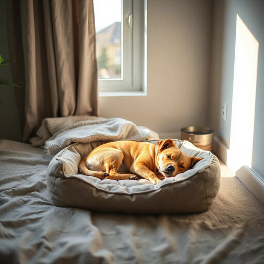 Pet resting peacefully on a soft orthopedic bed in a quiet, cozy indoor room
