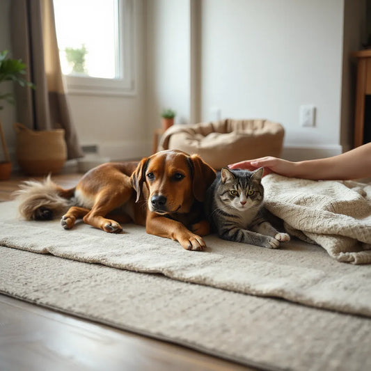 Dog and cat resting calmly on a soft rug near cozy bedding in warm natural light