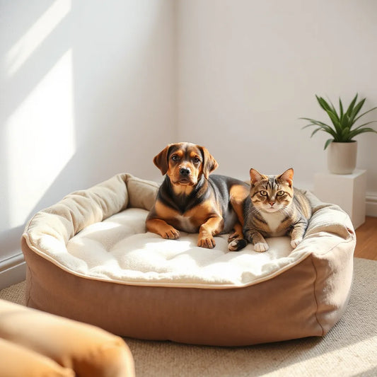 A small dog and cat resting on a soft, supportive calming pet bed in a bright living room