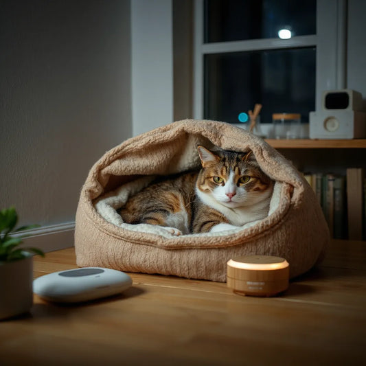 Calm cat resting in a cozy quiet space with calming setup near a window