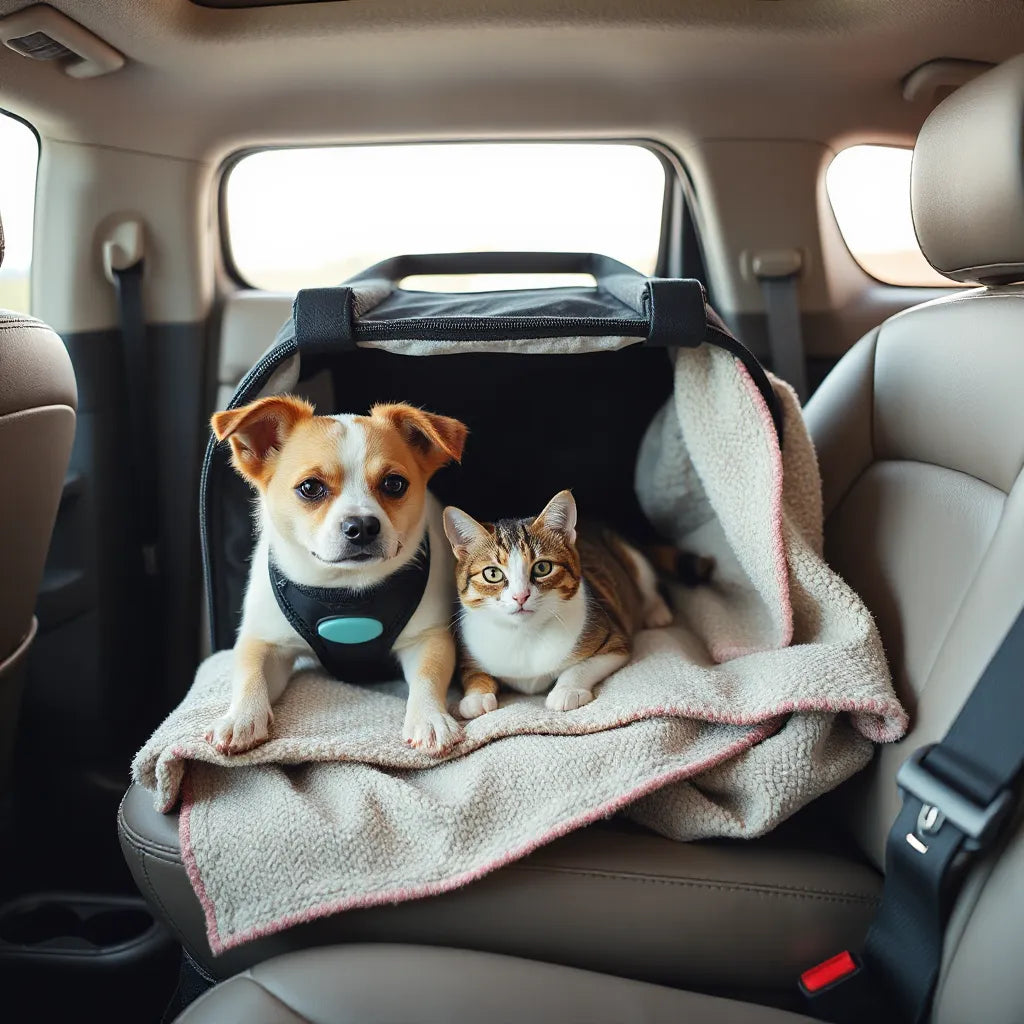 Small dog and cat relaxing in a travel carrier on a car seat with a soft blanket