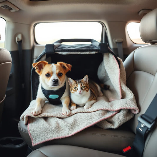 Small dog and cat relaxing in a travel carrier on a car seat with a soft blanket