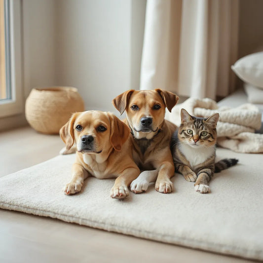 A relaxed dog and cat resting on a soft mat near a sunny window at home