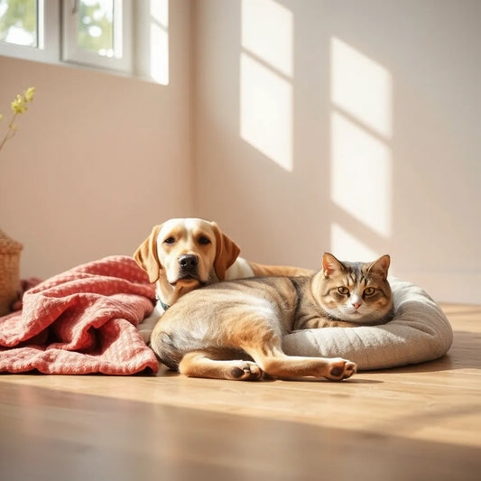 Dog and cat resting comfortably on a cozy blanket in warm, sunlit home lighting
