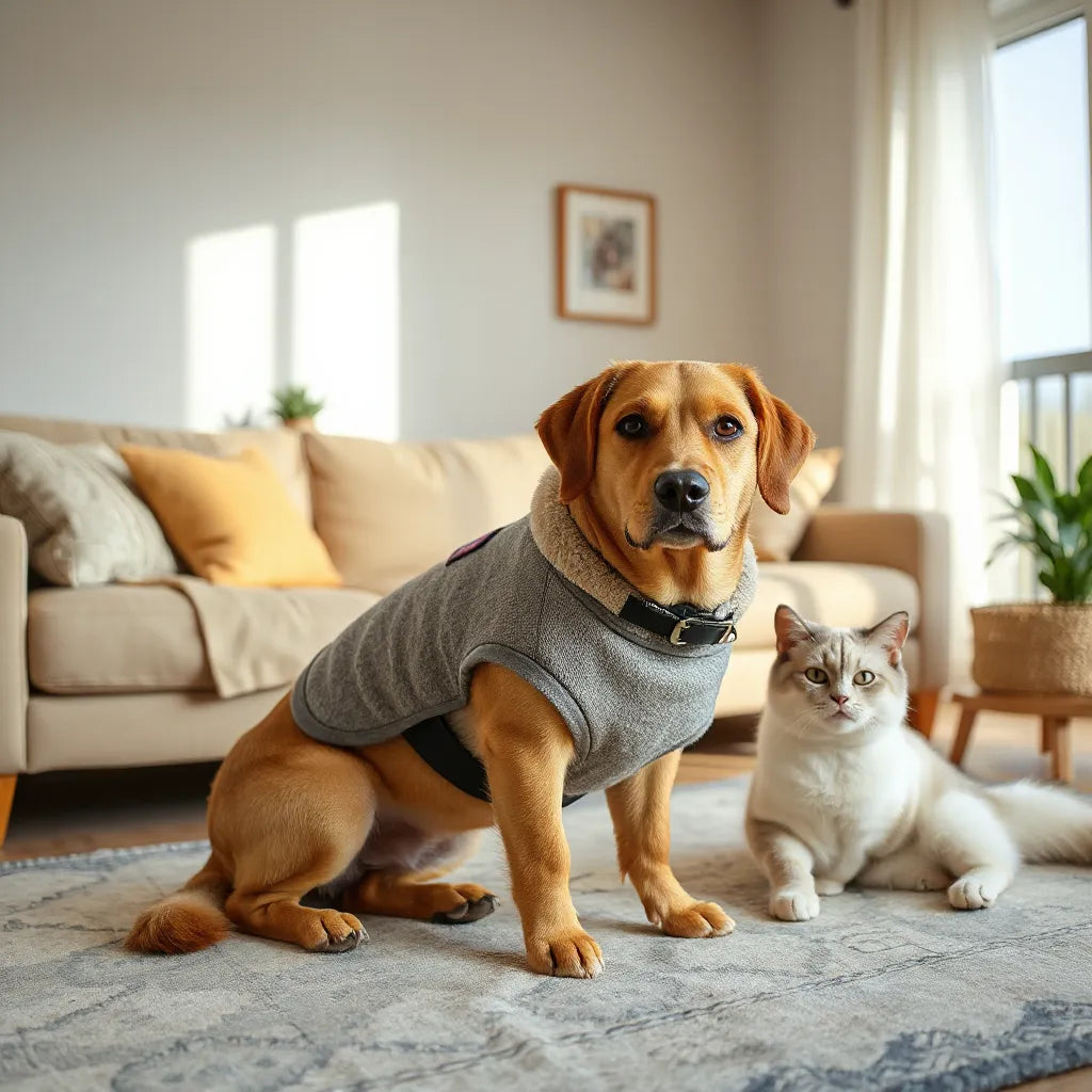 A relaxed dog wearing a gentle calming vest next to a calm cat in a softly lit living room
