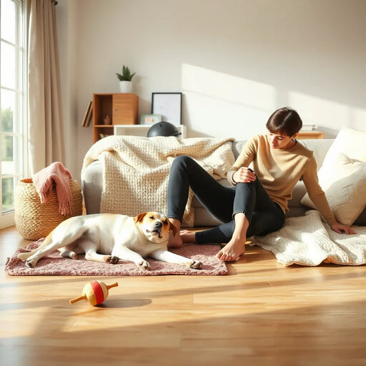 Calm pet resting by a cozy blanket with simple anxiety-relief aids and gentle owner support