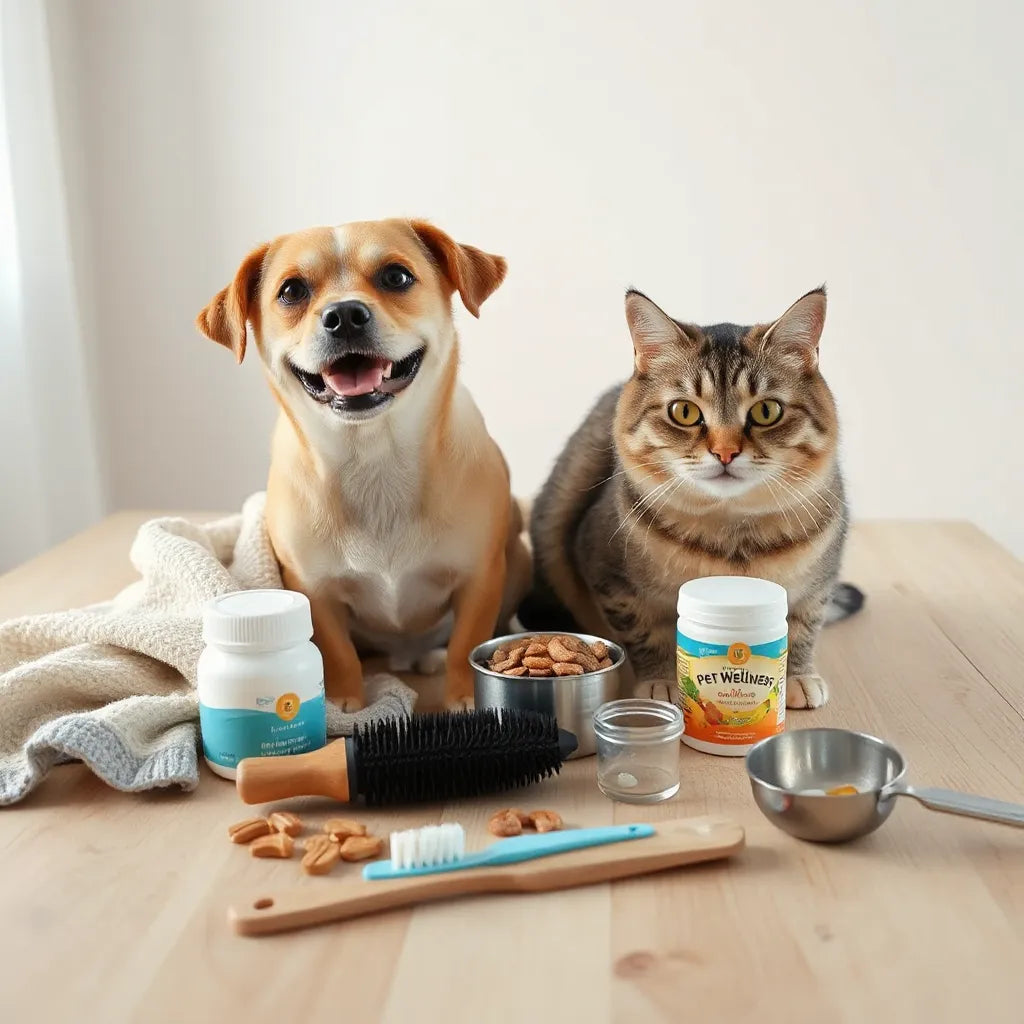 Small dog and calm cat beside neatly arranged pet wellness items like grooming and calming products