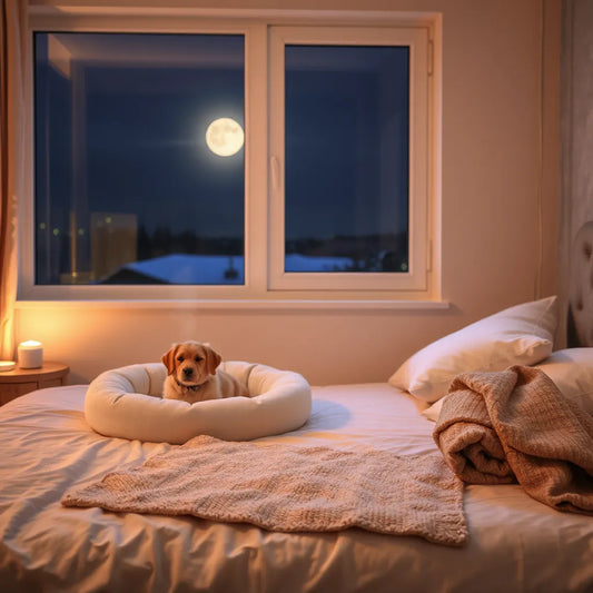 Cozy nighttime bedroom setup with a pet bed and calming comfort items under warm soft lighting
