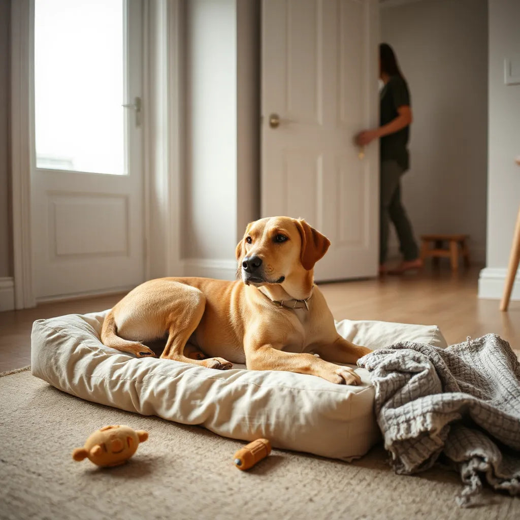 Calm dog resting by a doorway as an owner prepares to leave, with minimal comfort items nearby