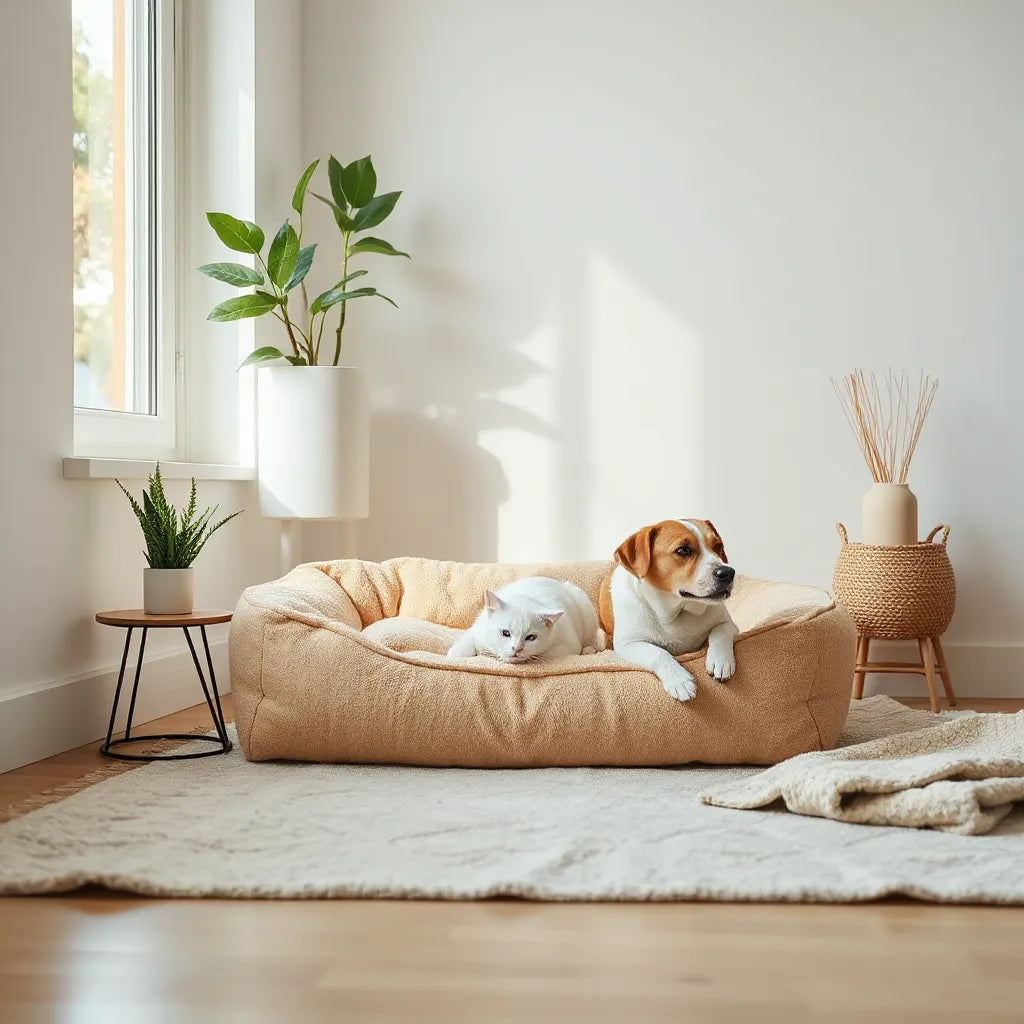 Plush pet bed in a living room with a small dog and cat resting comfortably