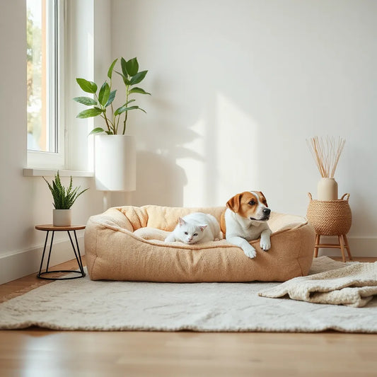Plush pet bed in a living room with a small dog and cat resting comfortably