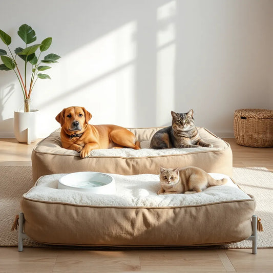 Dog and cat relaxing on a plush pet bed with a soft blanket in a bright living room