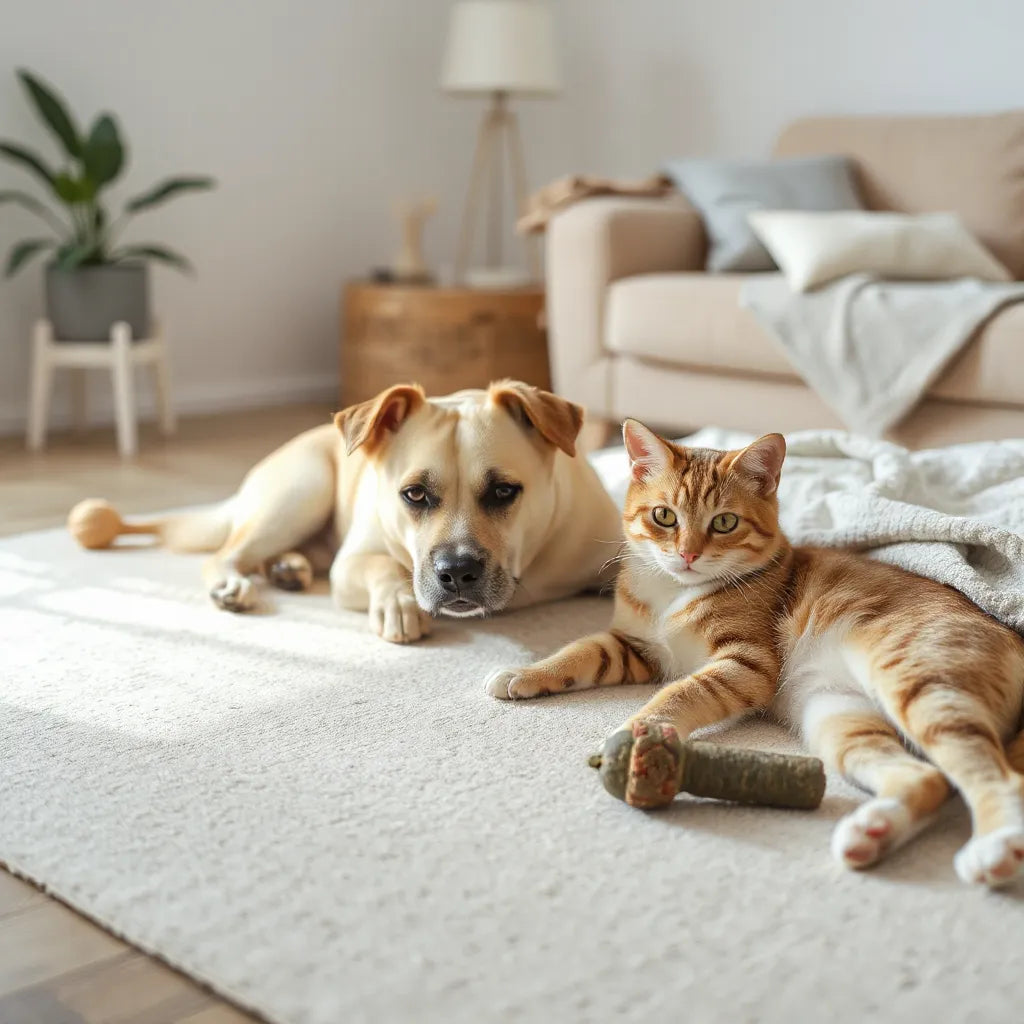 Calm dog and relaxed cat resting on a rug in a quiet, cozy living room