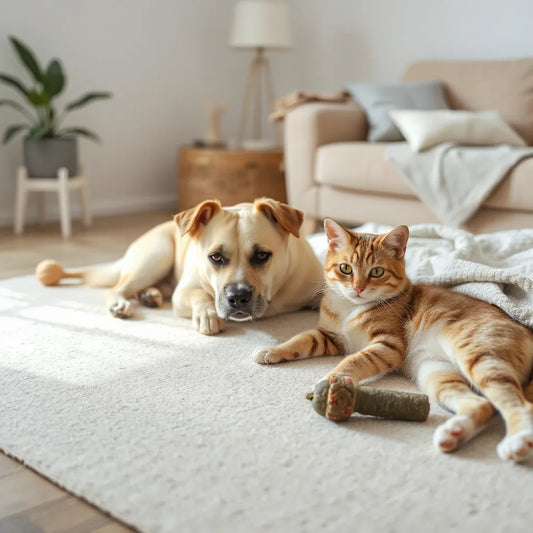 Calm dog and relaxed cat resting on a rug in a quiet, cozy living room