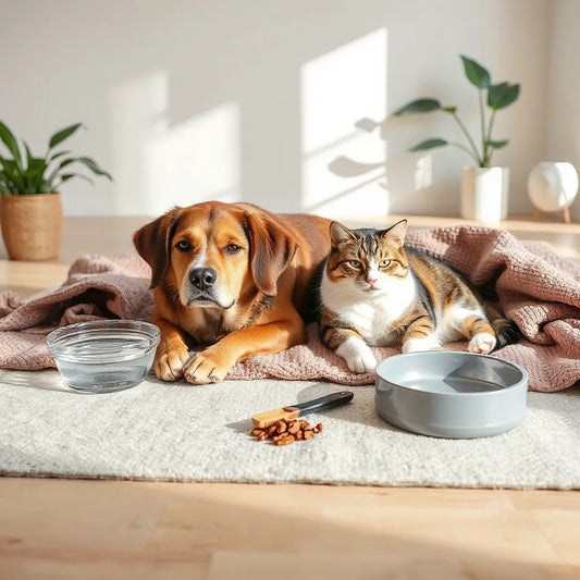 A calm dog and cat relaxing together on a cozy rug with grooming tools and water nearby