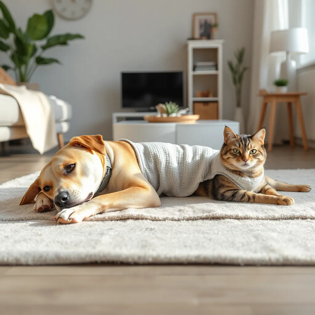Calm dog and cat resting indoors while wearing comfortable calming wraps