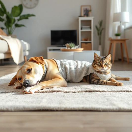 Calm dog and cat resting indoors while wearing comfortable calming wraps