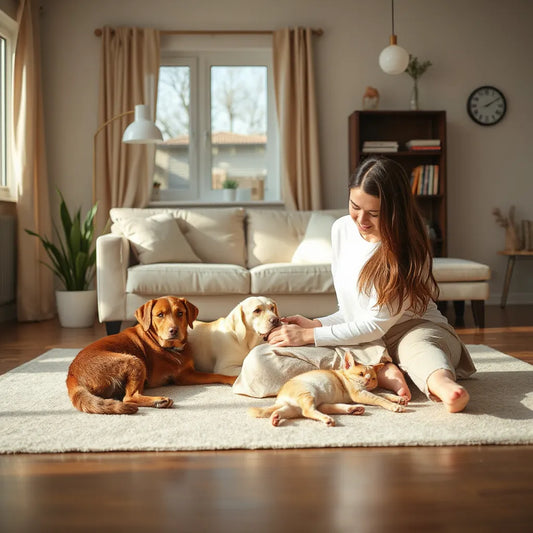 Person calmly reassuring a relaxed dog and cat in a cozy living room