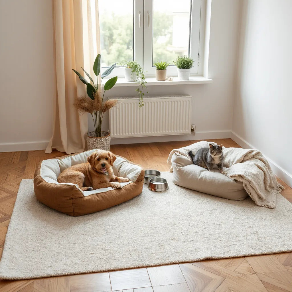 Cozy pet rest area with a dog bed and cat bed near warm window light