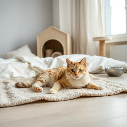 Relaxed cat resting on a calming mat next to a cozy bed and covered hideaway in warm light