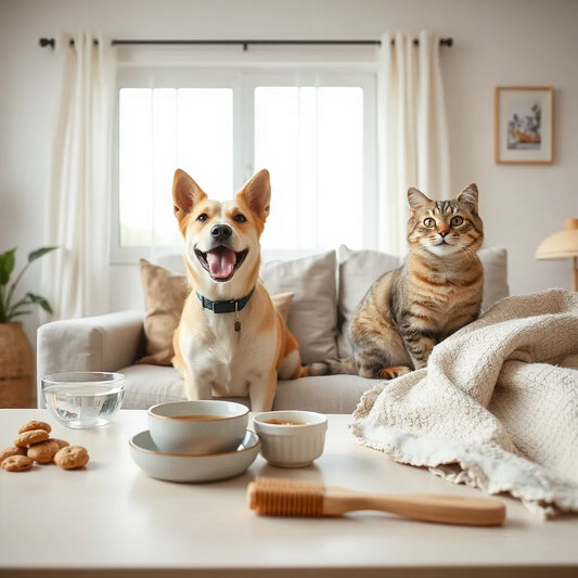 Dog and cat relaxing indoors with fresh water, pet-safe treats, and a cozy blanket