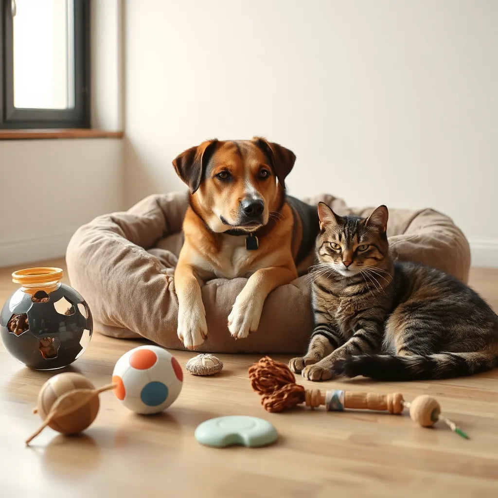 Calm dog and cat near a pet bed with interactive treat toys and a soft plush toy