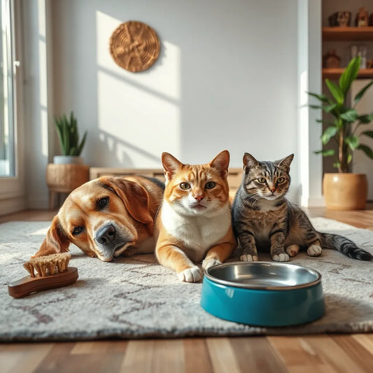 Dog and cat relaxing near grooming tools and fresh water in a bright, calm home setting