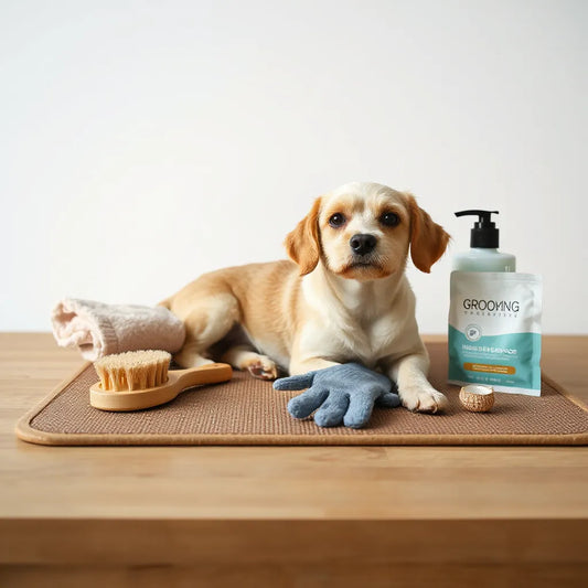 Calm small dog on a grooming mat with soft brush and pet-safe wipes nearby