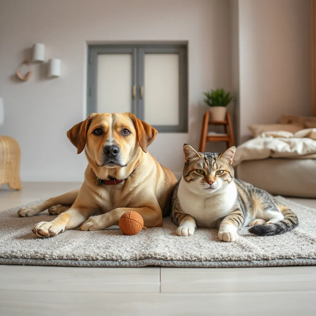 A calm dog and relaxed cat resting together on a soft rug in a warmly lit home