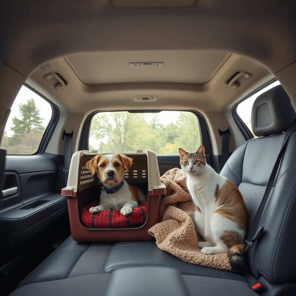 Relaxed dog and cat inside a car with a seatbelt-secured carrier and cozy blanket for comfortable travel