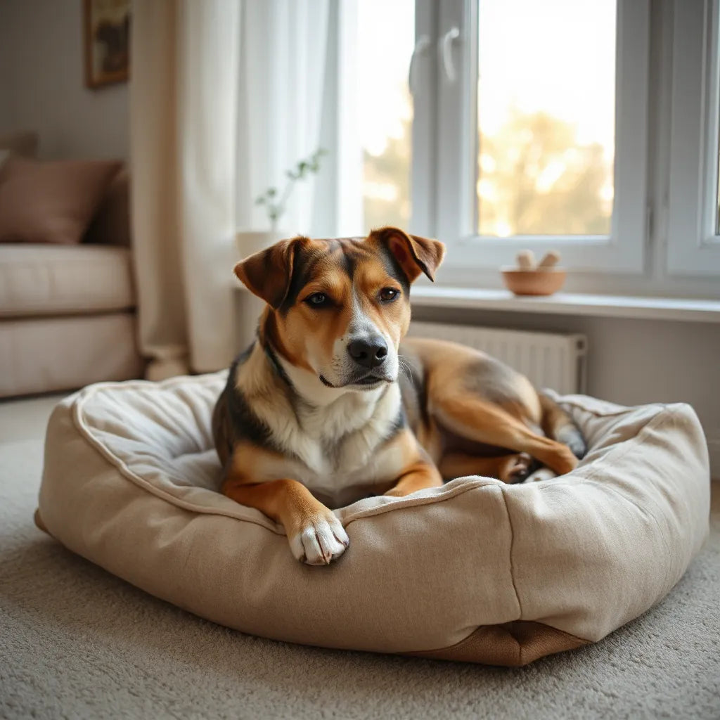 Relaxed dog resting on a cozy bed near a sunny window with calm, comfortable body posture