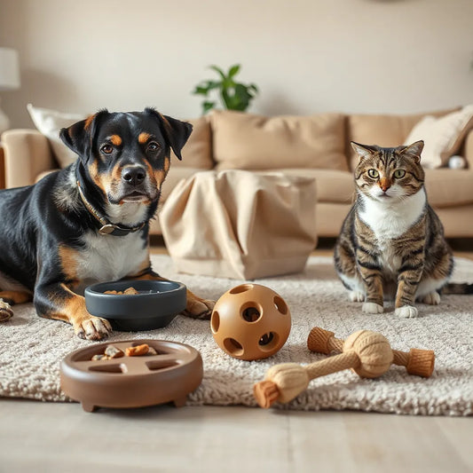 Dog and cat interacting with puzzle and treat-dispensing enrichment toys on a rug