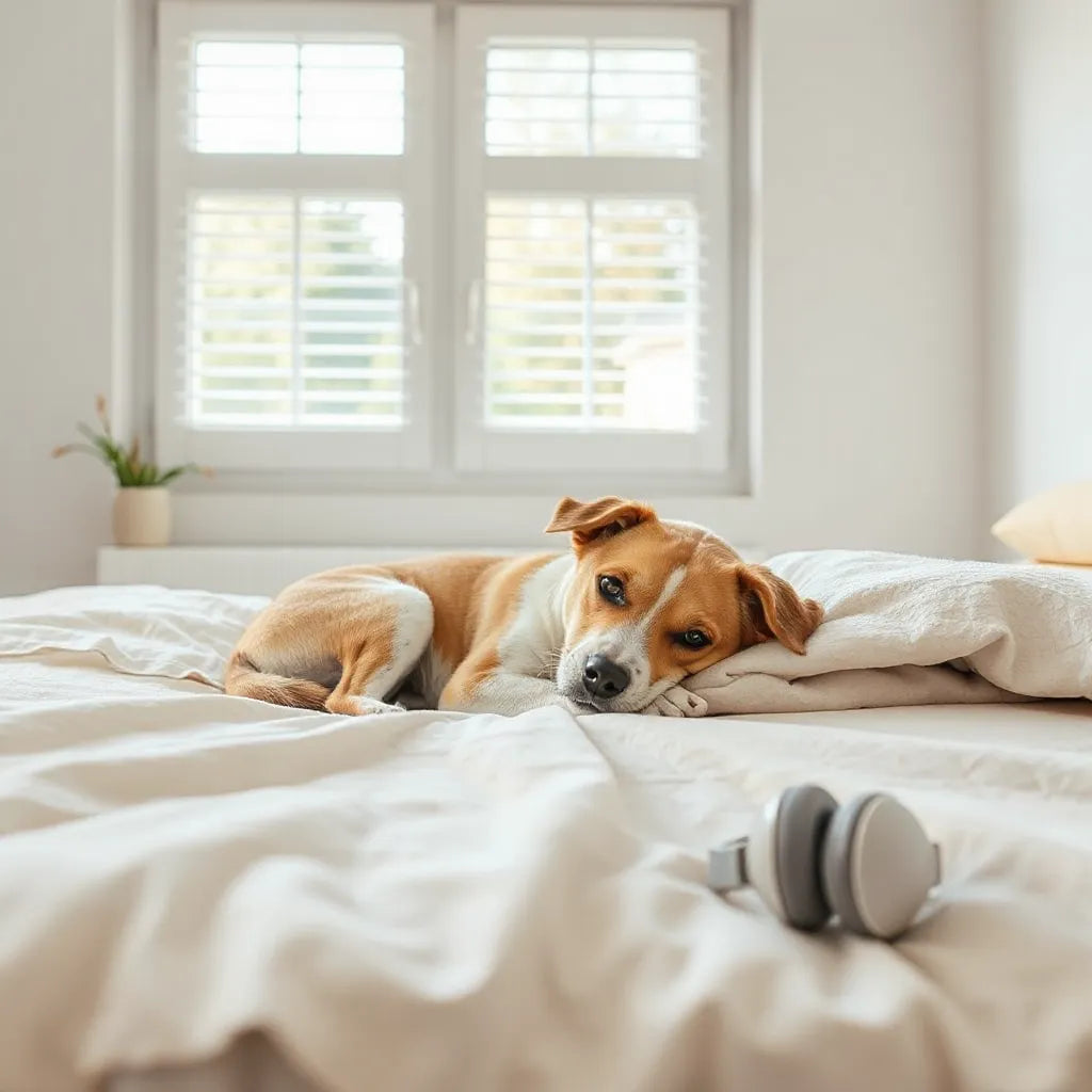 Calm dog resting on a bed in a quiet room with a simple calming setup nearby