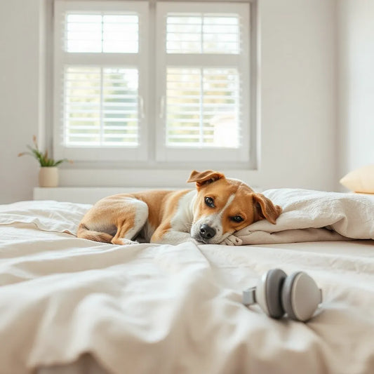 Calm dog resting on a bed in a quiet room with a simple calming setup nearby