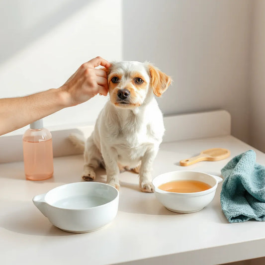 Small dog being gently brushed at a tidy home grooming station with pet-safe tools and towels