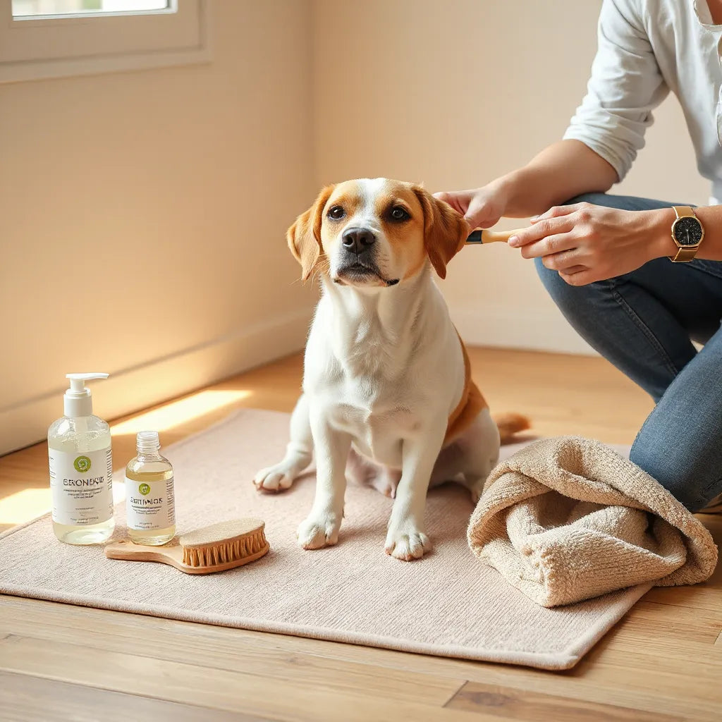 Calm dog being gently brushed during a soothing at-home grooming routine