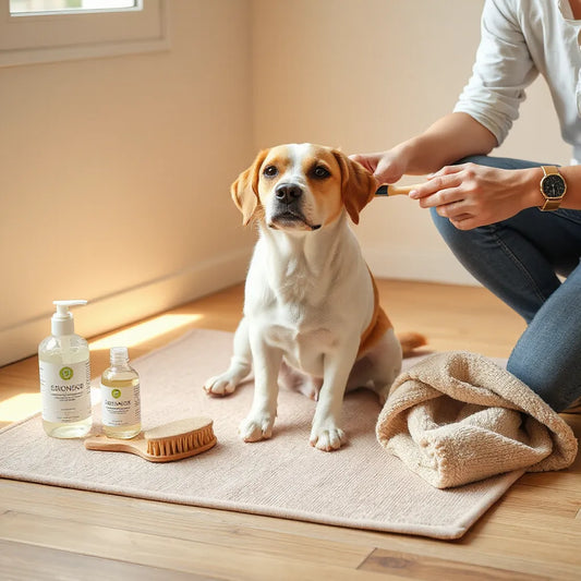 Calm dog being gently brushed during a soothing at-home grooming routine