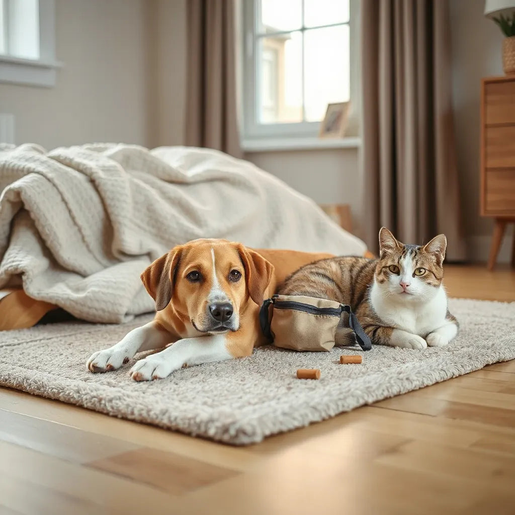 A calm dog and cat resting together in a cozy, softly lit home setting