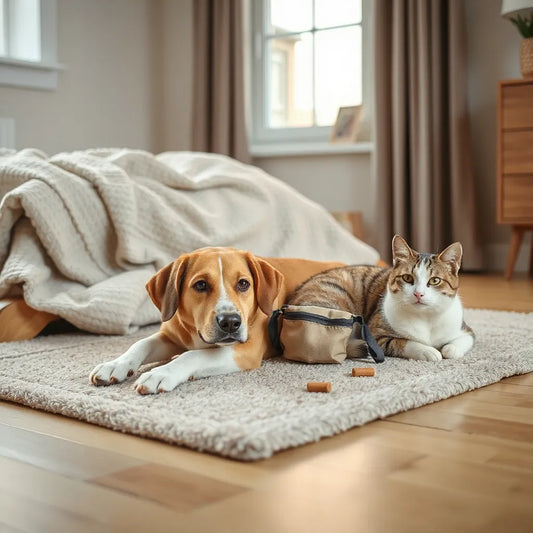 A calm dog and cat resting together in a cozy, softly lit home setting