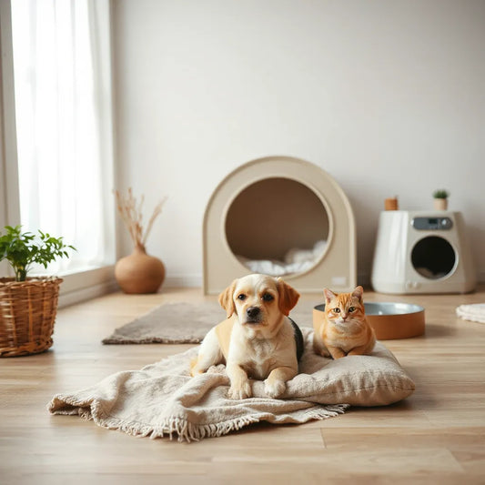 New cat and small dog resting near soft bedding, with a simple safe den and calm indoor setup