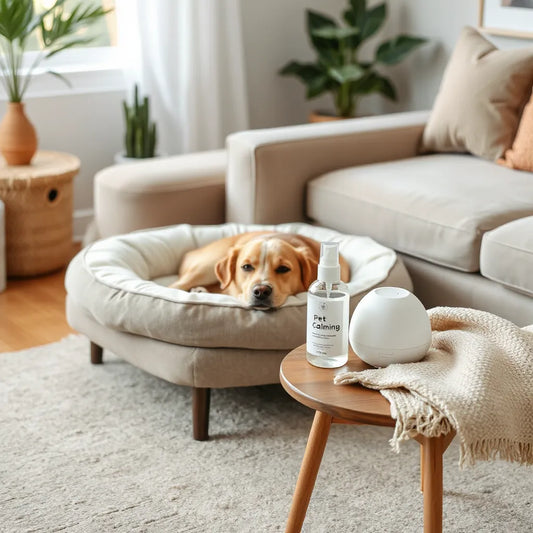 Calm dog resting by a sofa with neatly arranged calming products on a side table