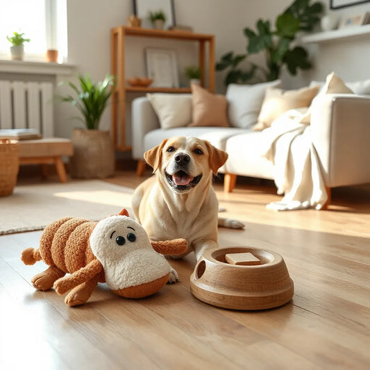 Happy dog playing with treat-dispensing plush toy and puzzle feeder on a wooden floor
