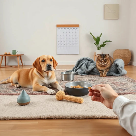 Dog and cat relaxing on a rug with cozy bedding, calming home items, and a person offering a treat